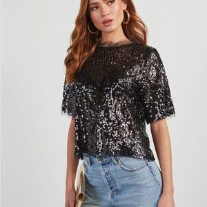 Black Sequin Blouse with Short Sleeves
